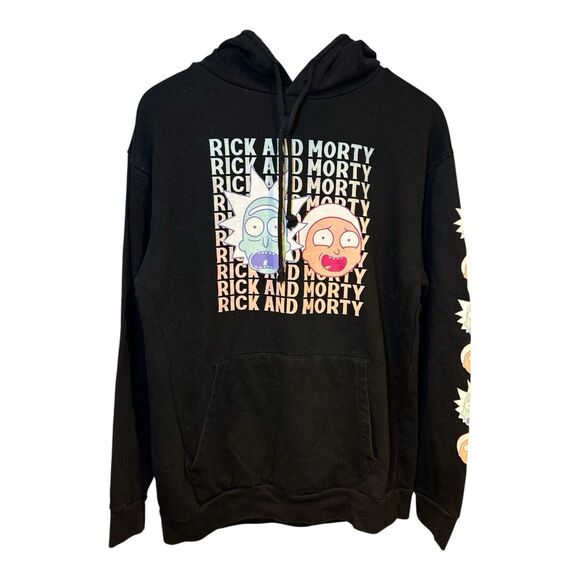 Rick & Morty Hoodie Adult Swim Pullover Double Graphic Faces/Sleeve Rare Size S - Picture 2 of 10
